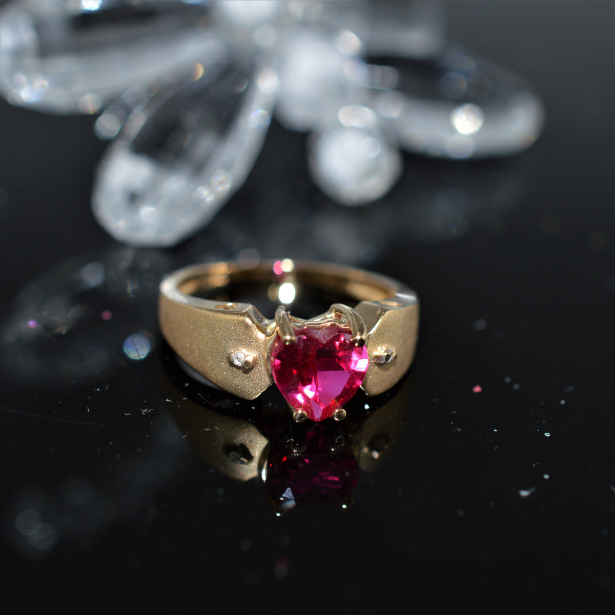 14K Yellow Gold Created Heart Cut Ruby And Diamond Ring