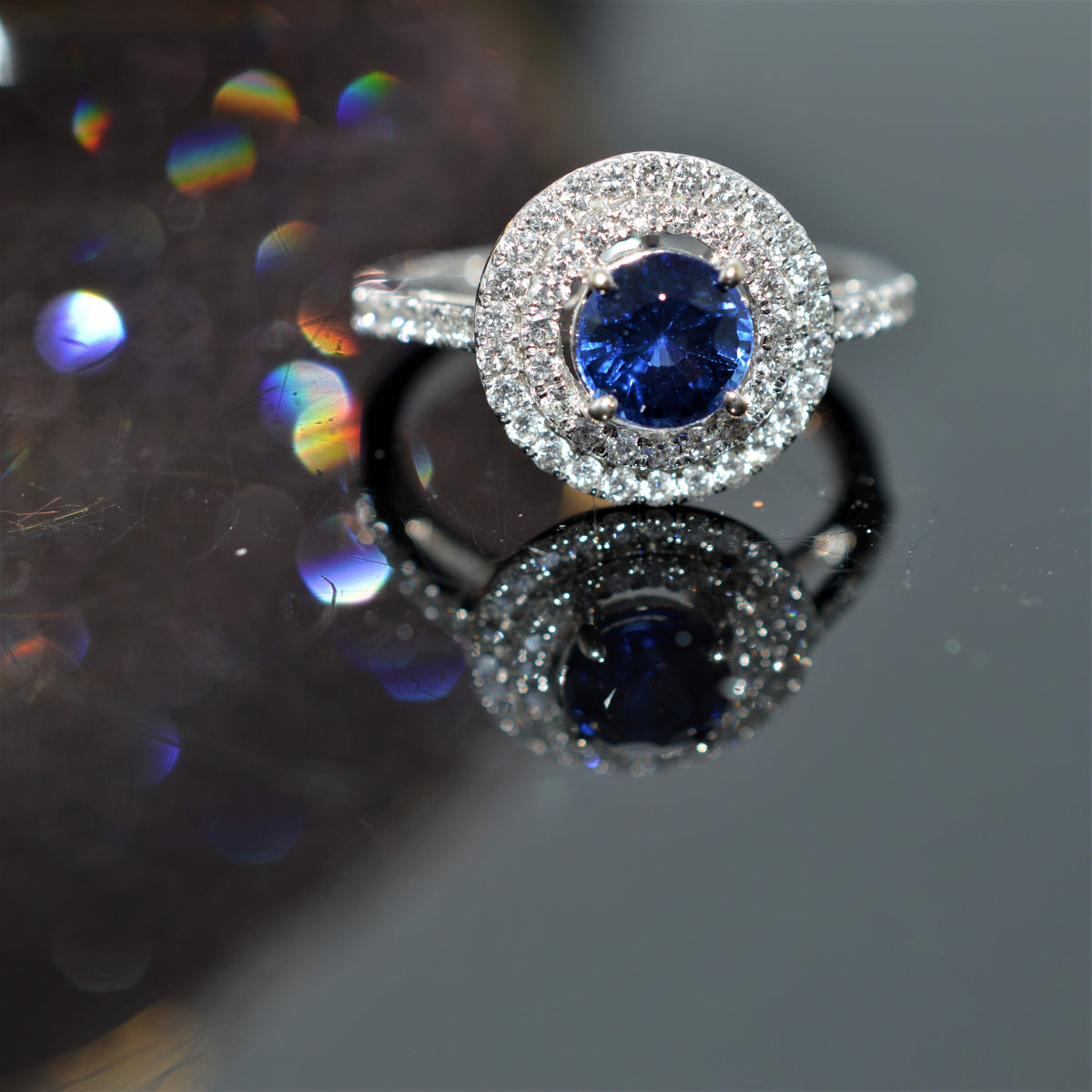 18K White Gold Round Blue Sapphire And Double Diamond Halo Ring