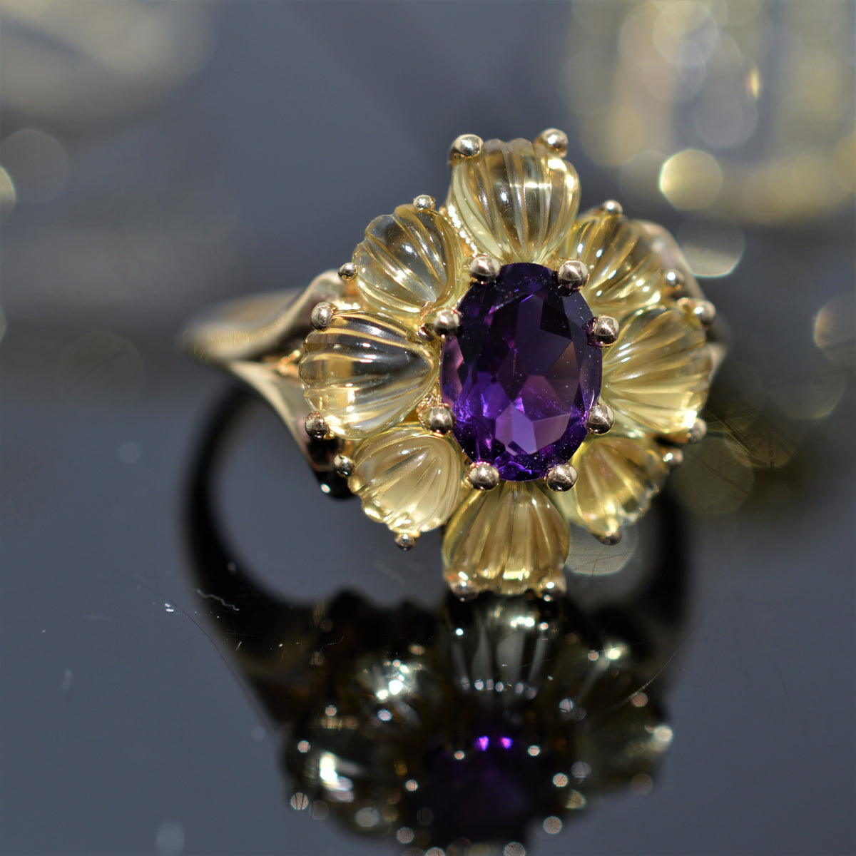 10K Yellow Gold Carved Citrine And Amethyst Ring