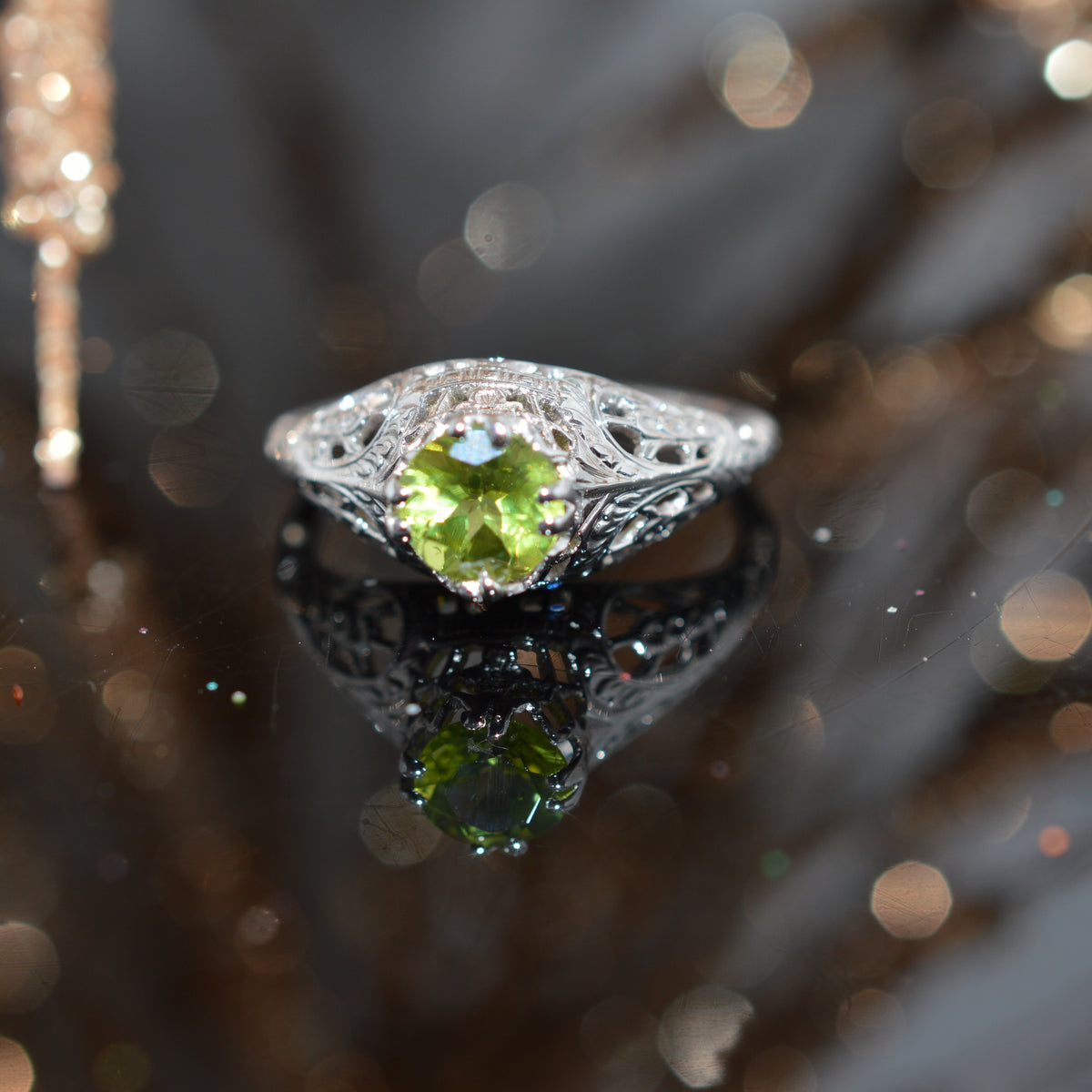 14K White Gold Antique Filigree Peridot Ring by Ostby &amp; Barton