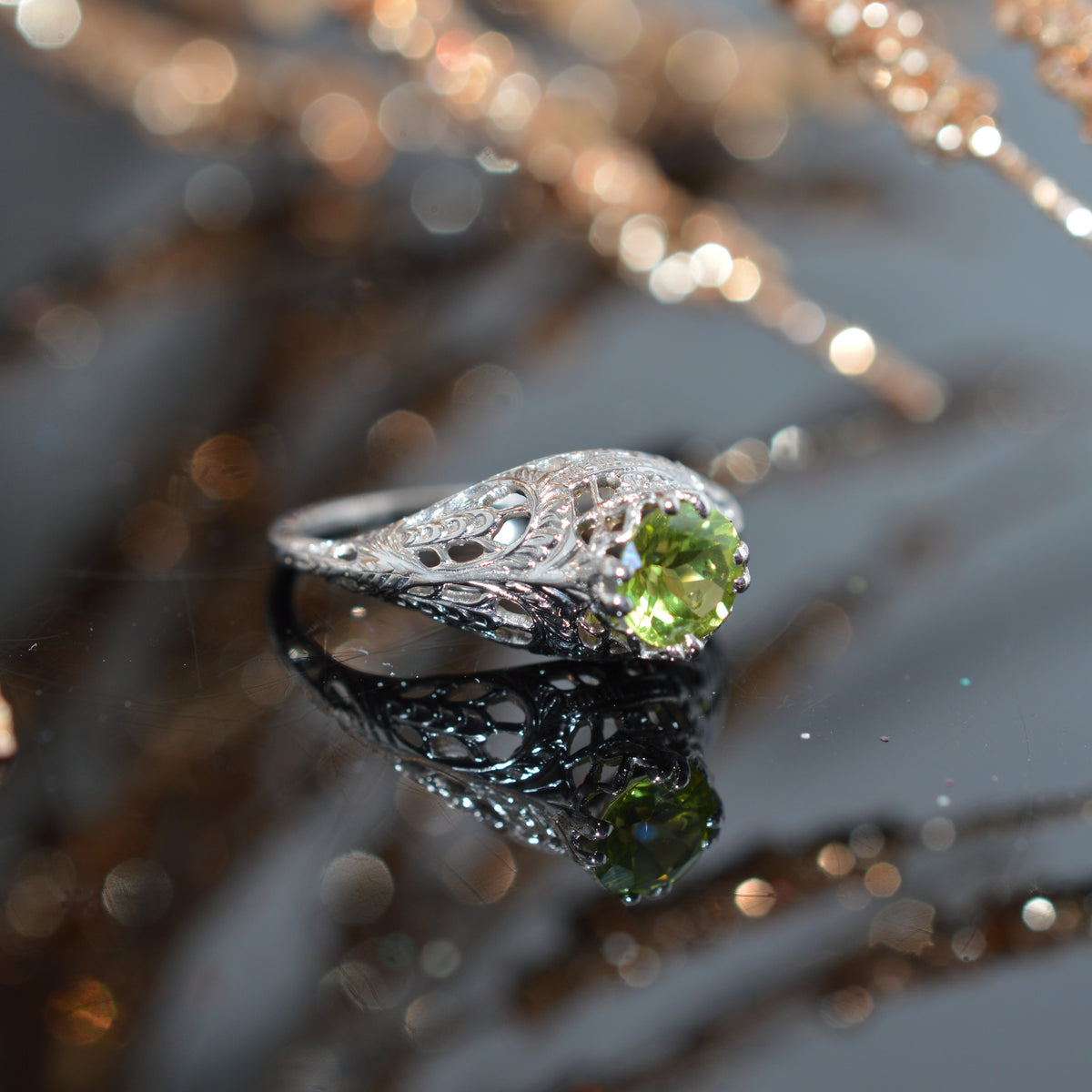 14K White Gold Antique Filigree Peridot Ring by Ostby &amp; Barton