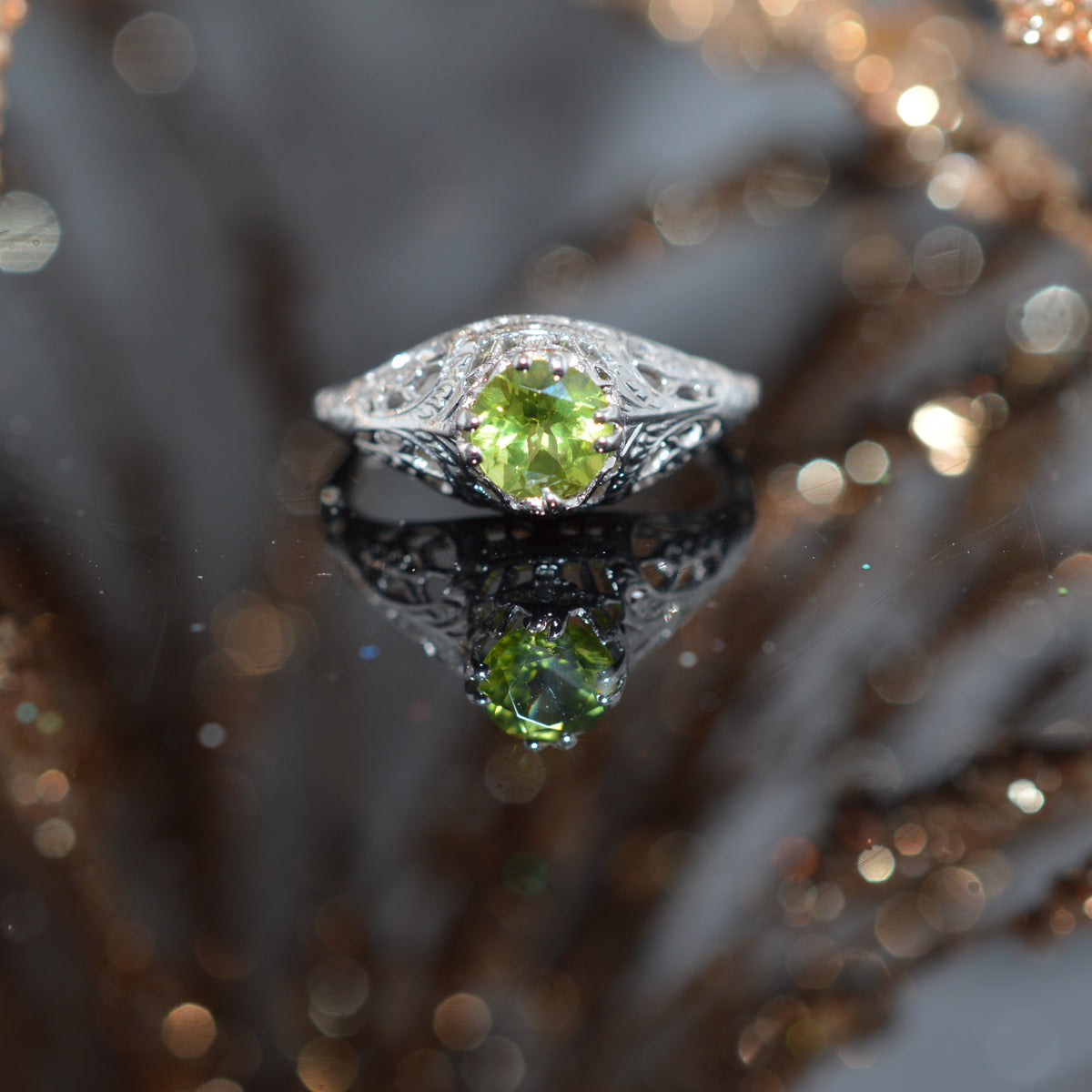 14K White Gold Antique Filigree Peridot Ring by Ostby &amp; Barton
