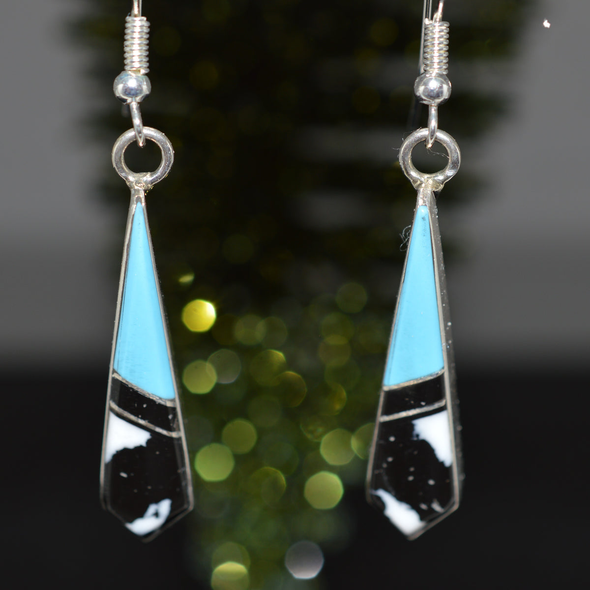 Sterling Silver Black Onyx, Turquoise, And White Buffalo Turquoise Earrings
