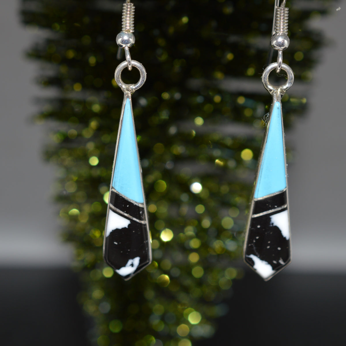 Sterling Silver Black Onyx, Turquoise, And White Buffalo Turquoise Earrings