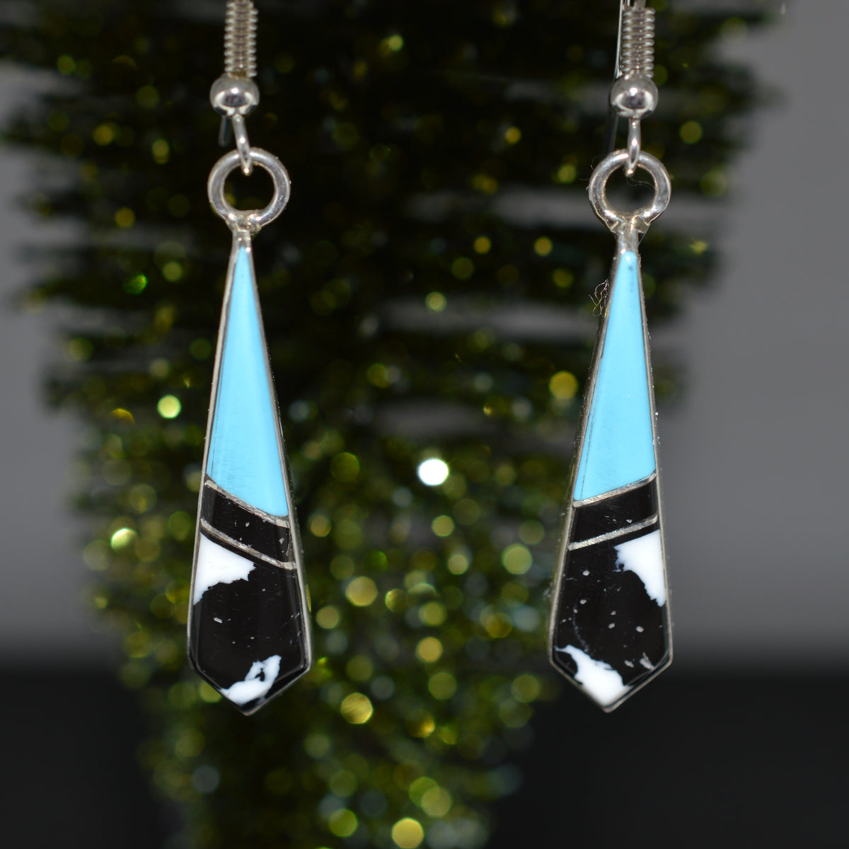 Sterling Silver Black Onyx, Turquoise, And White Buffalo Turquoise Earrings