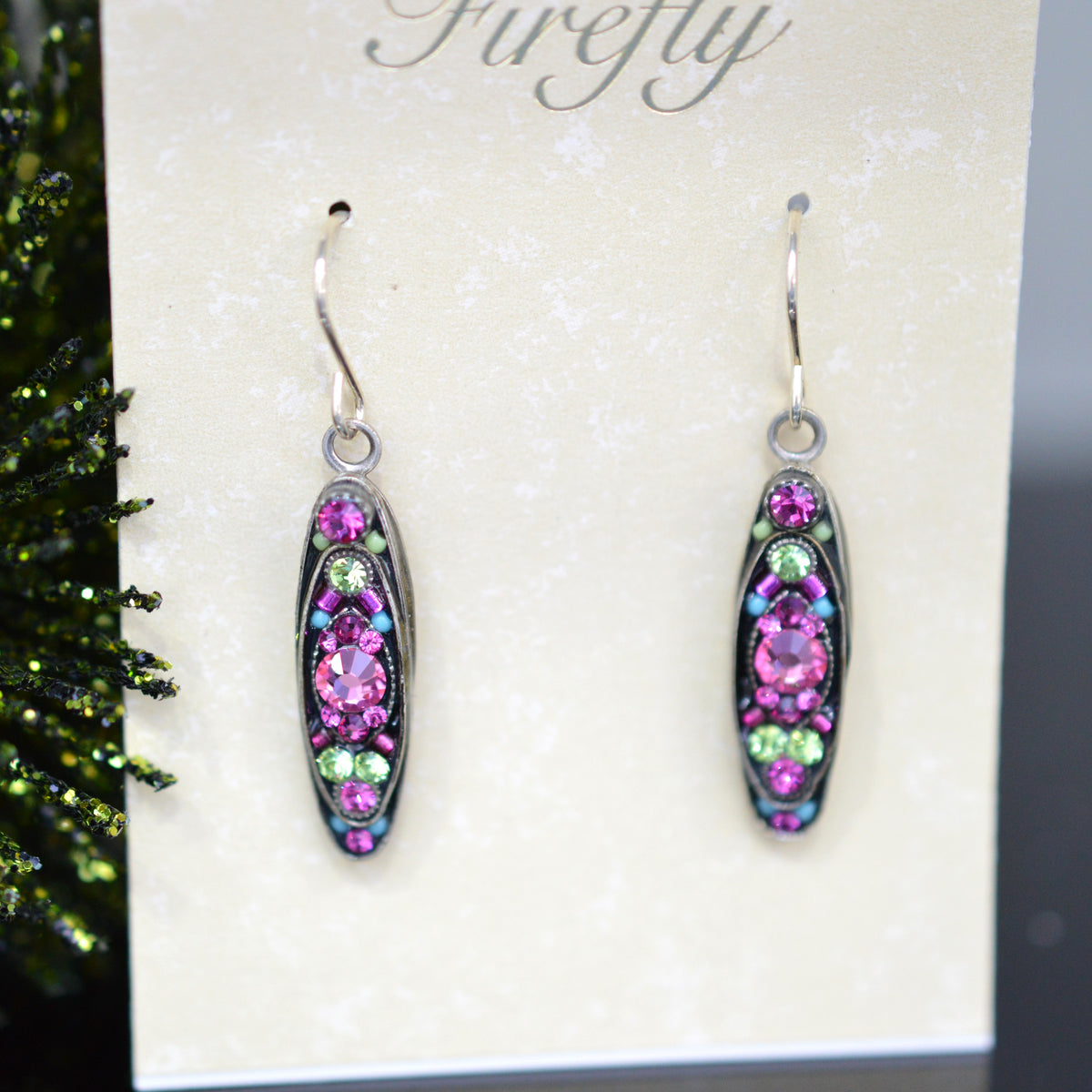 Antique Silver Plated Rose Crystal Long Oval Earrings by Firefly