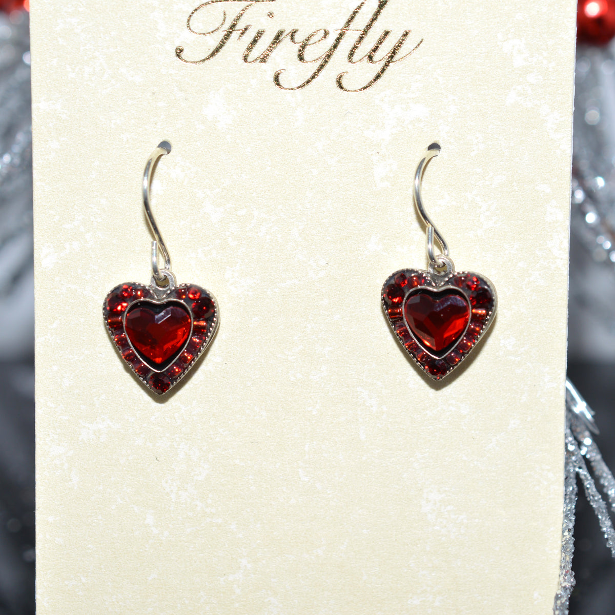 Antique Silver Plated Red Crystal Heart Earrings by Firefly