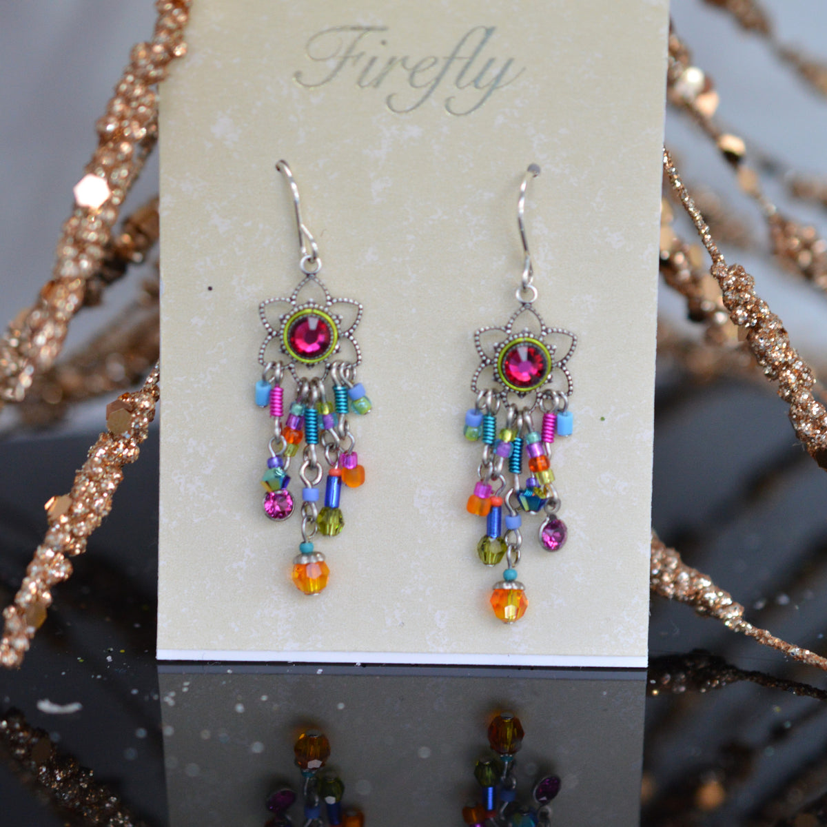Antique Silver Plated Multi-Color Chandelier Earrings by Firefly