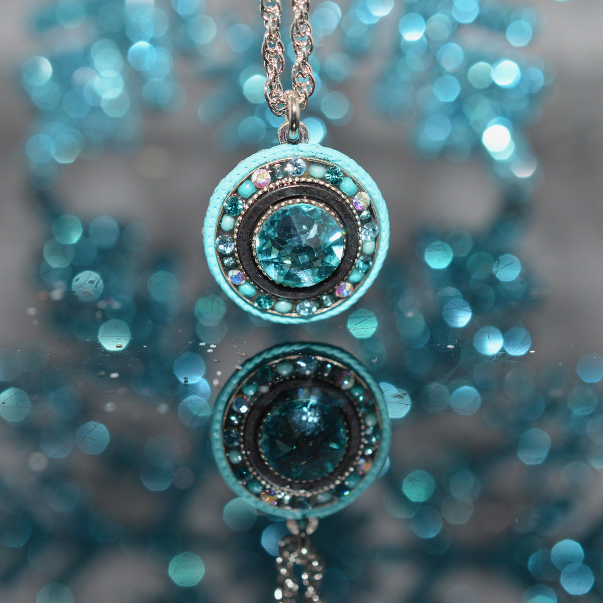 Antique Silver Plated Round Turquoise Crystal Pendant by Firefly