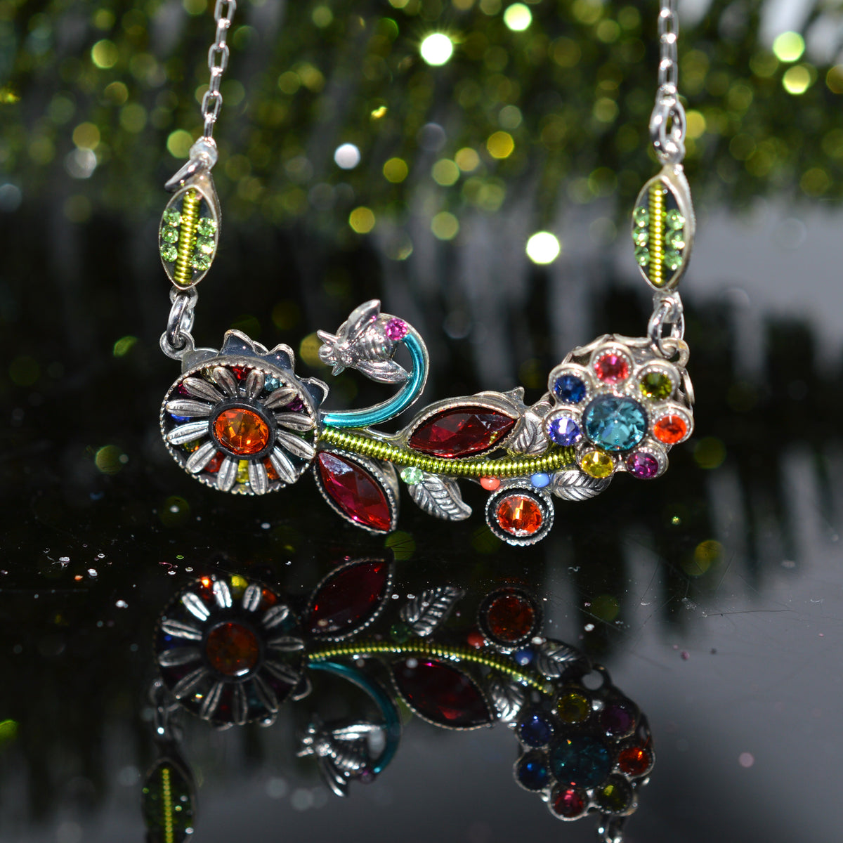 Antique Silver Plated Botanical Flower Multi-Color Necklace by Firefly