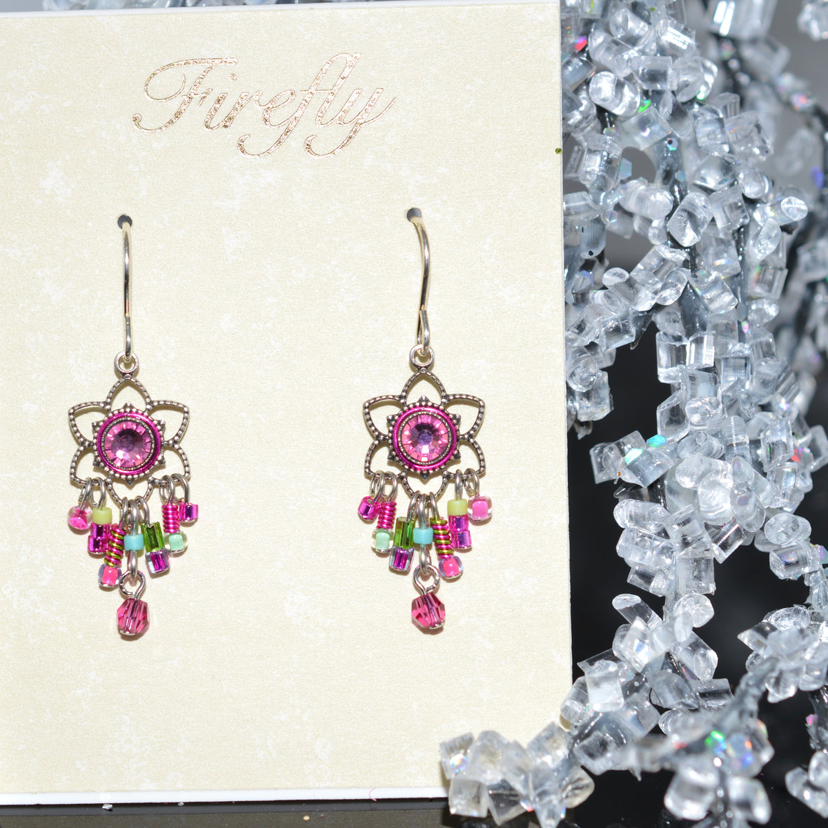 Antique Silver Plated Rose Crystals Chandelier Earrings by Firefly