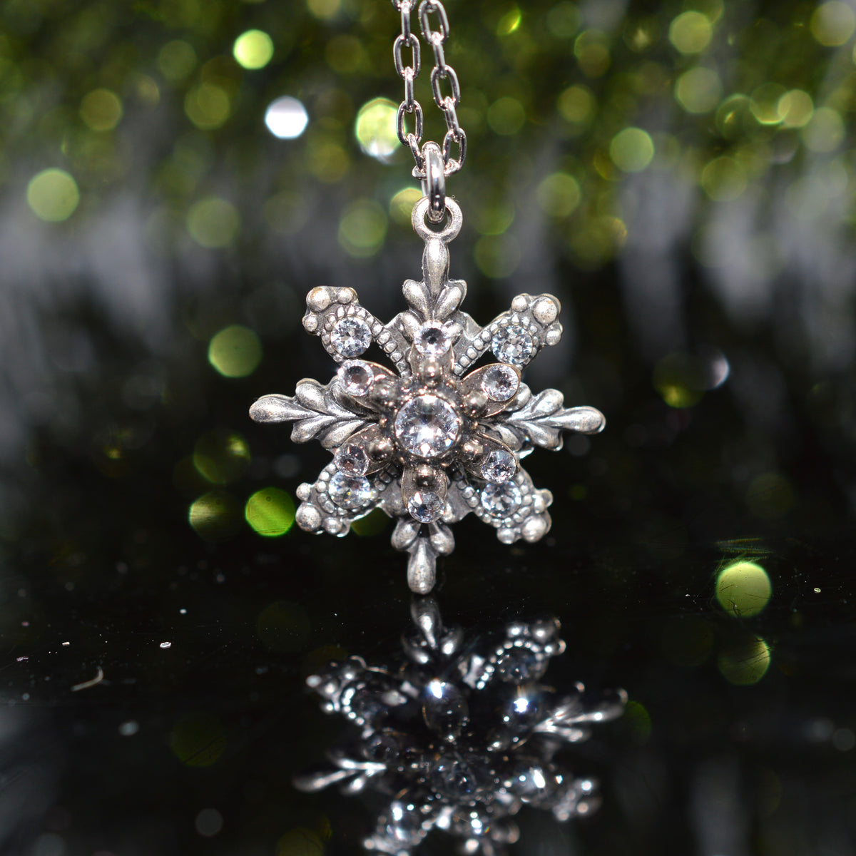 Antique Silver Plated Crystal Snowflake Pendant by Firefly