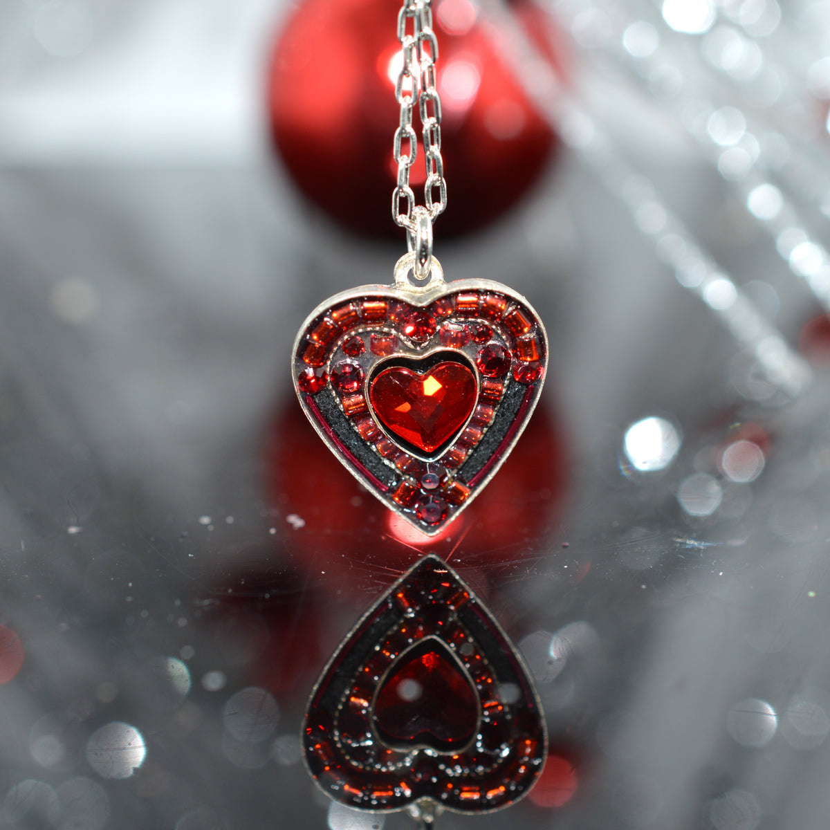 Antique Silver Plated Red Crystal Heart Pendant by Firefly