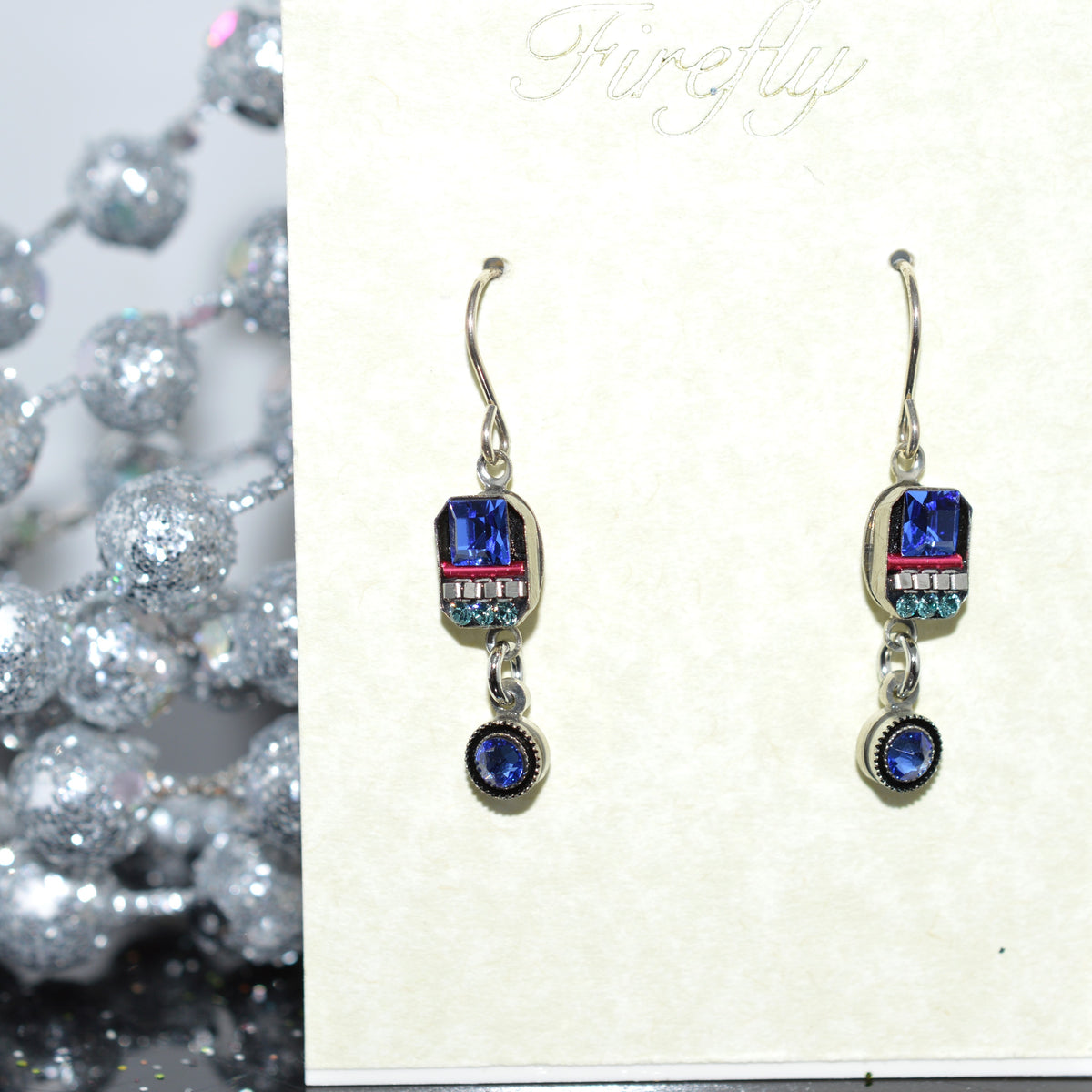 Antique Silver Plated Earrings With Sapphire Colored Crystals by Firefly