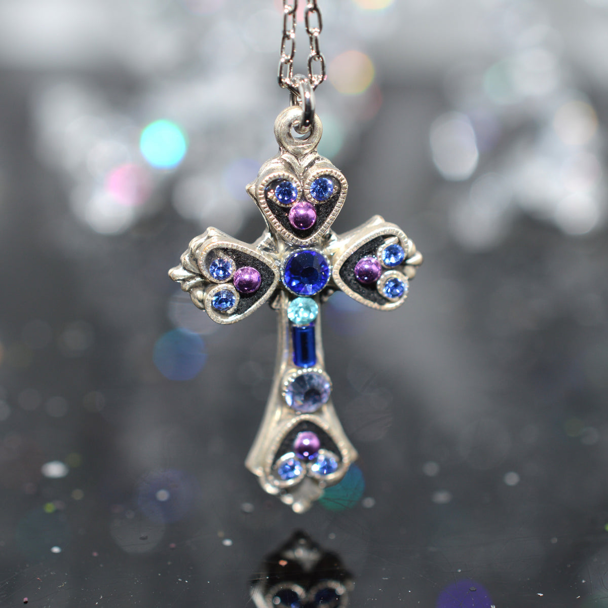 Antique Silver Plated Sapphire Color Crystal Cross Pendant by Firefly