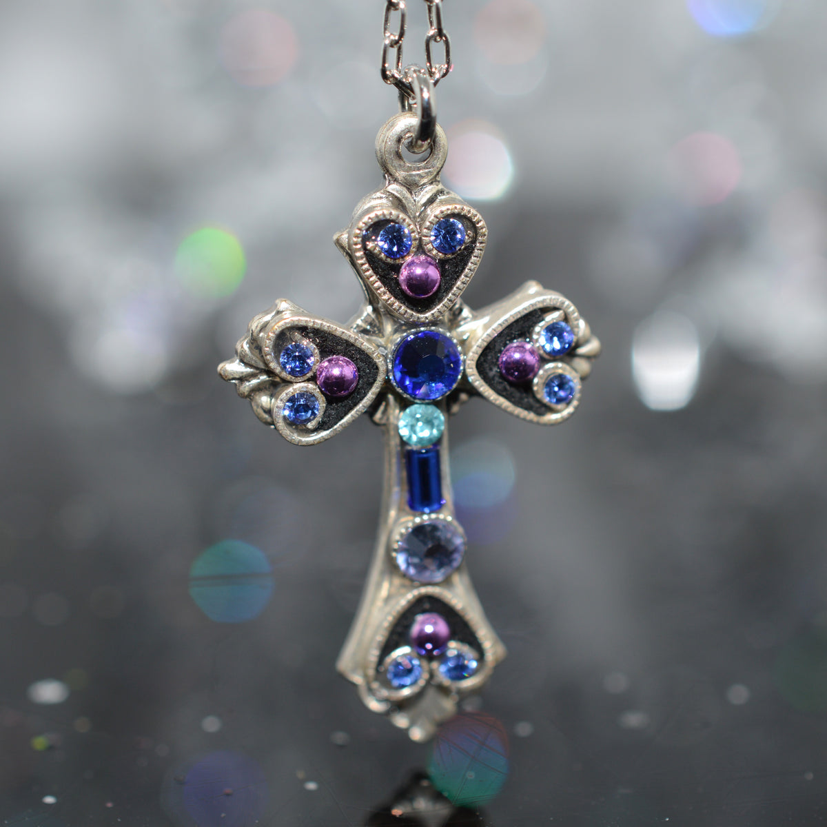 Antique Silver Plated Sapphire Color Crystal Cross Pendant by Firefly