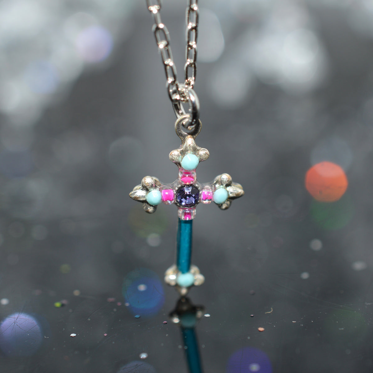 Antique Silver Plated Turquoise Crystal Petite Cross Pendant by Firefly