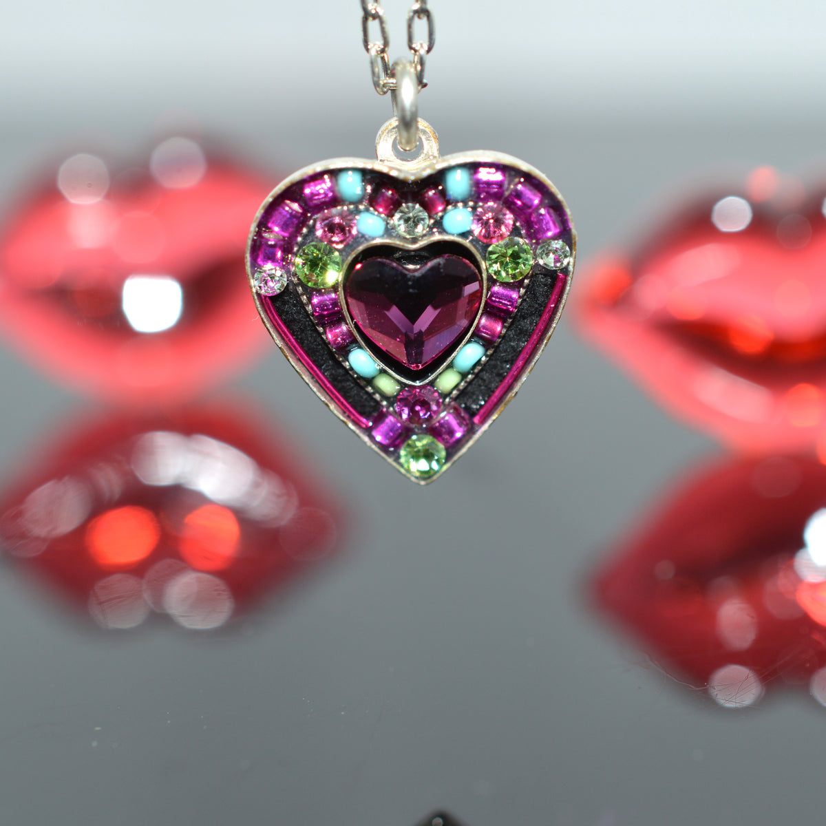 Antique Silver Plated  Rose Crystal Heart Pendant by Firefly