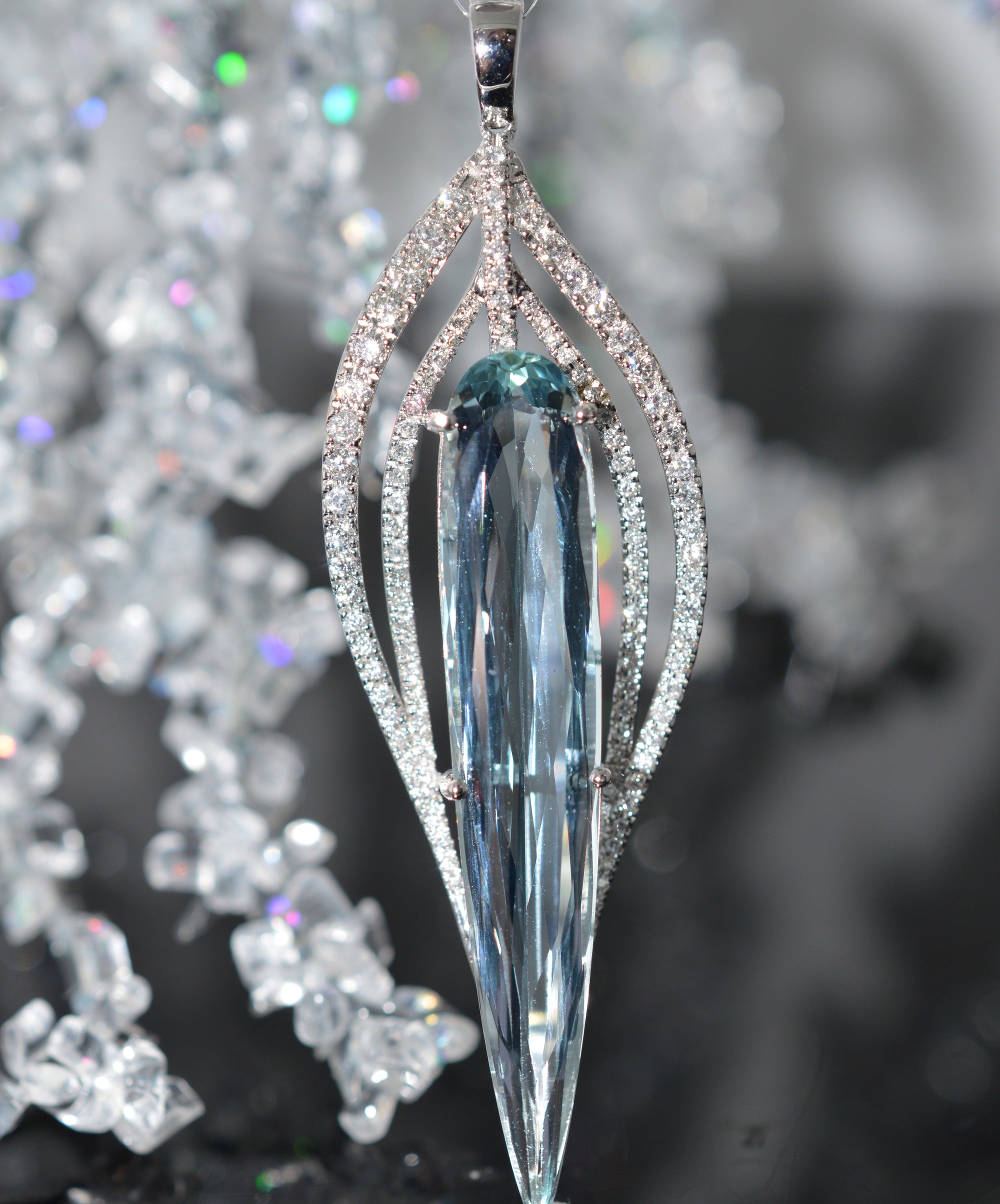 14K White Gold Stunning One-Of-A-Kind Aquamarine And Diamond Pendant