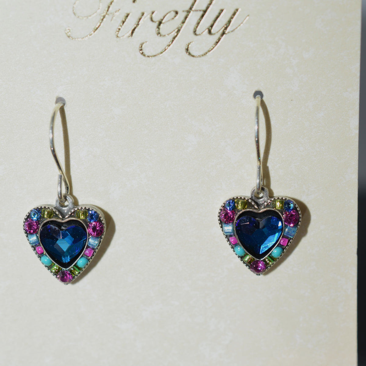 Antique Silver Plated Heart Earrings With Bermuda Blue Crystals by Firefly