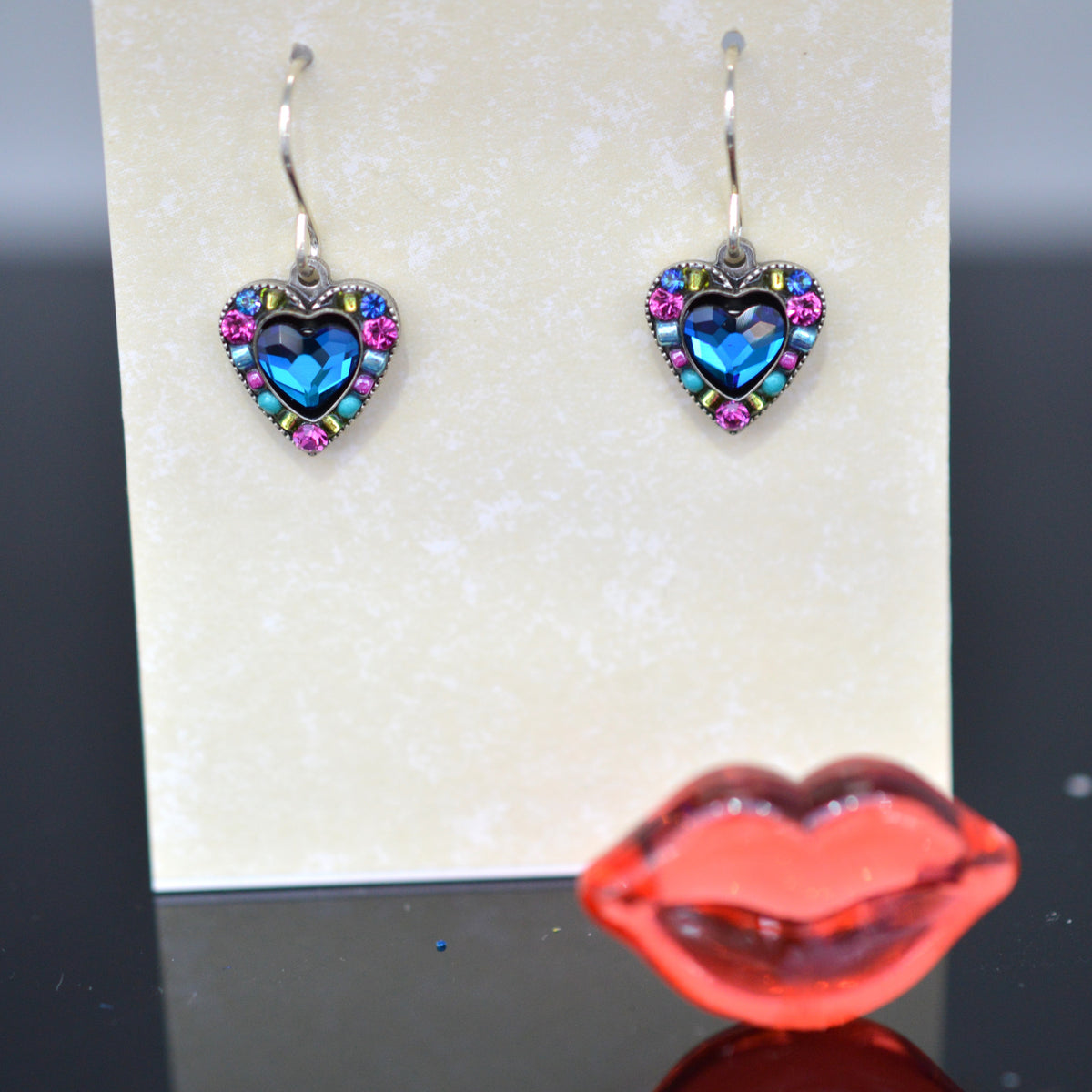 Antique Silver Plated Heart Earrings With Bermuda Blue Crystals by Firefly