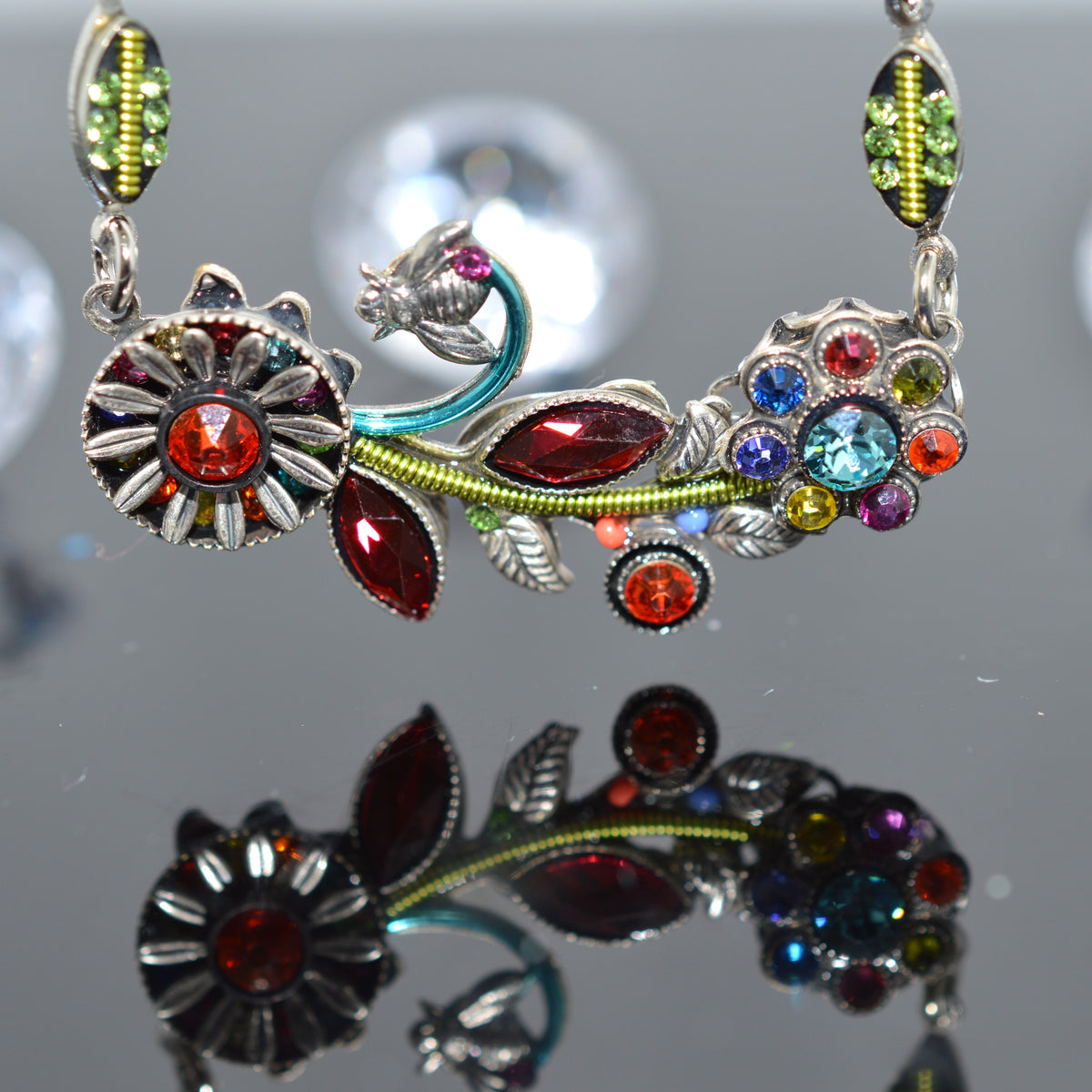 Antique Silver Plated Botanical Multicolored Crystal Necklace by Firefly