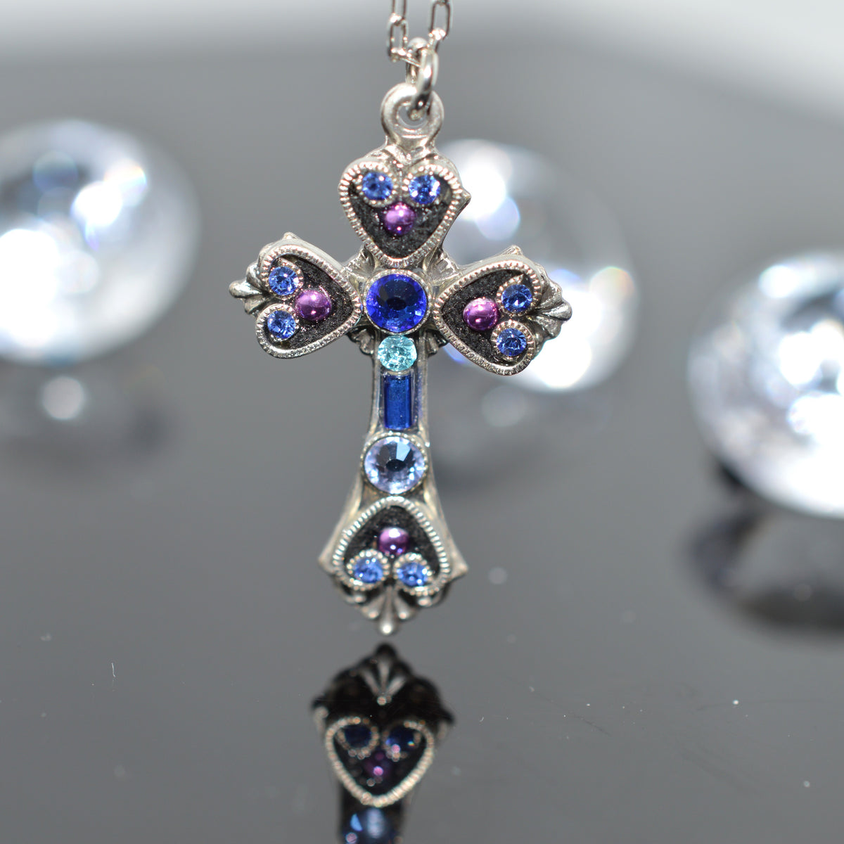 Antique Silver Plated Sapphire Crystal Cross Pendant by Firefly