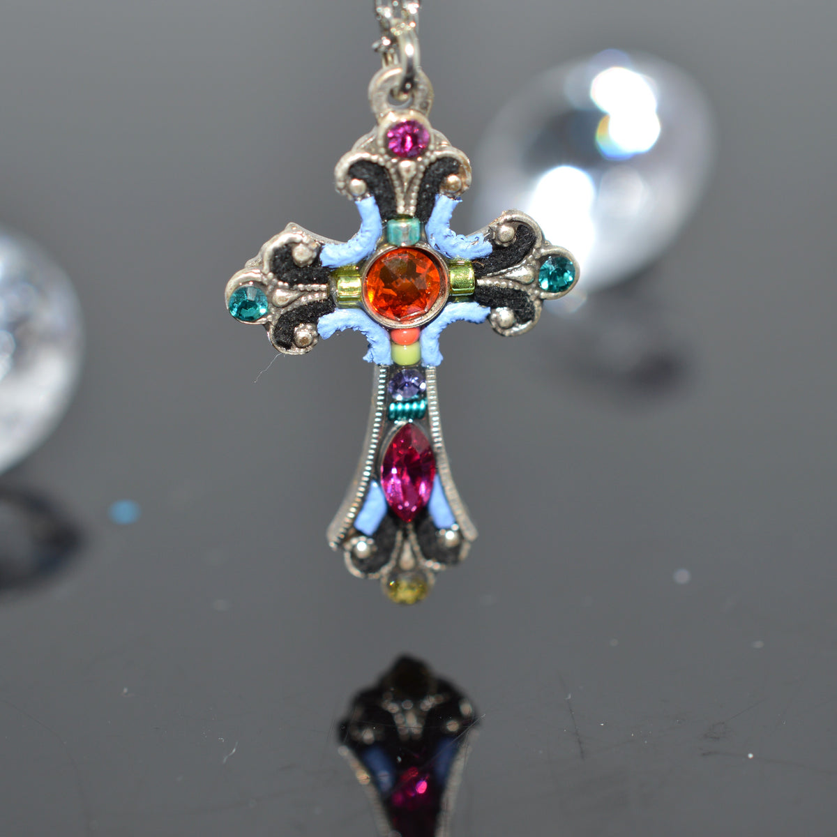 Antique Silver Plated Multicolored Crystal Cross Pendant by Firefly