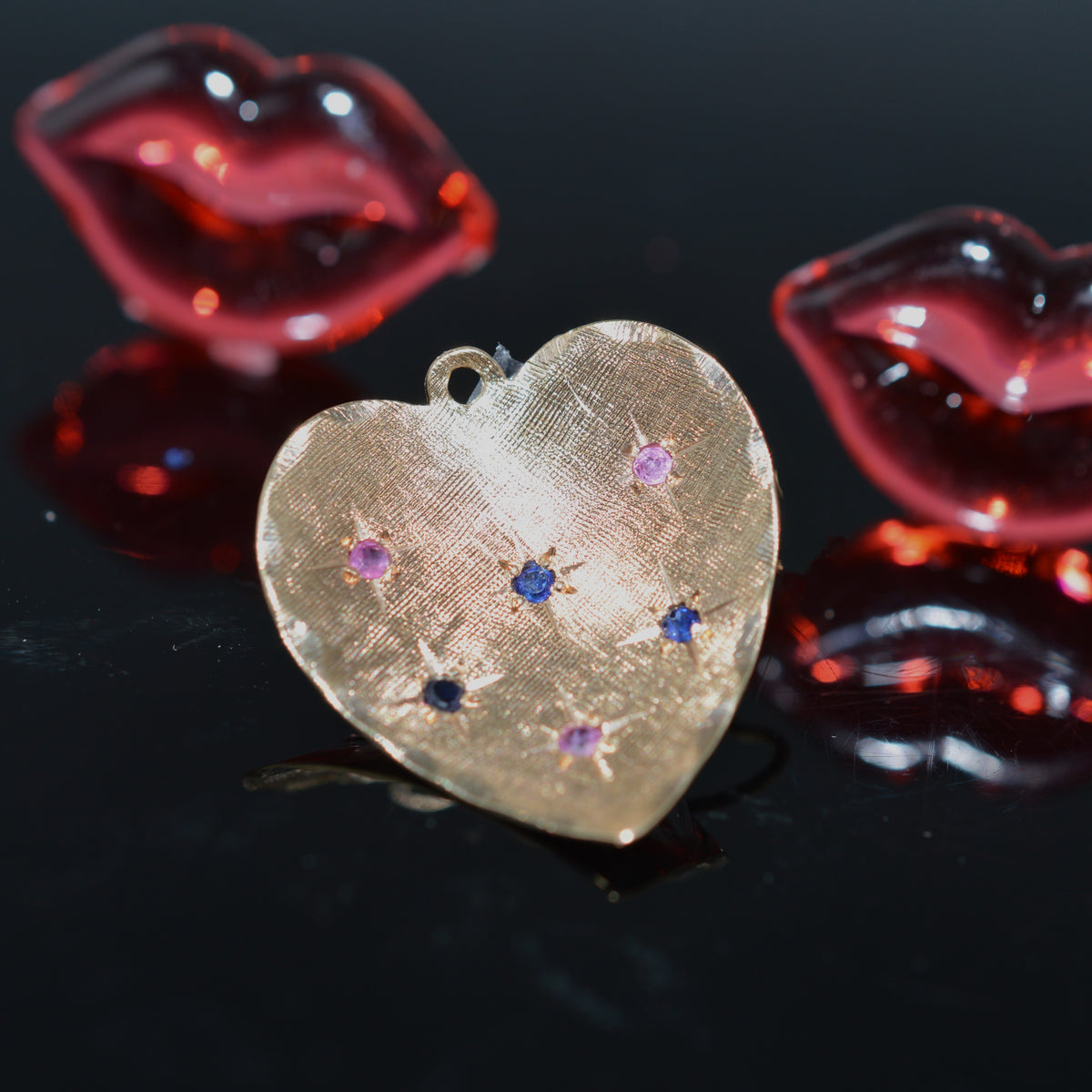 14K Yellow Gold Large Convex Heart Shape Charm With Pink &amp; Blue Sapphires