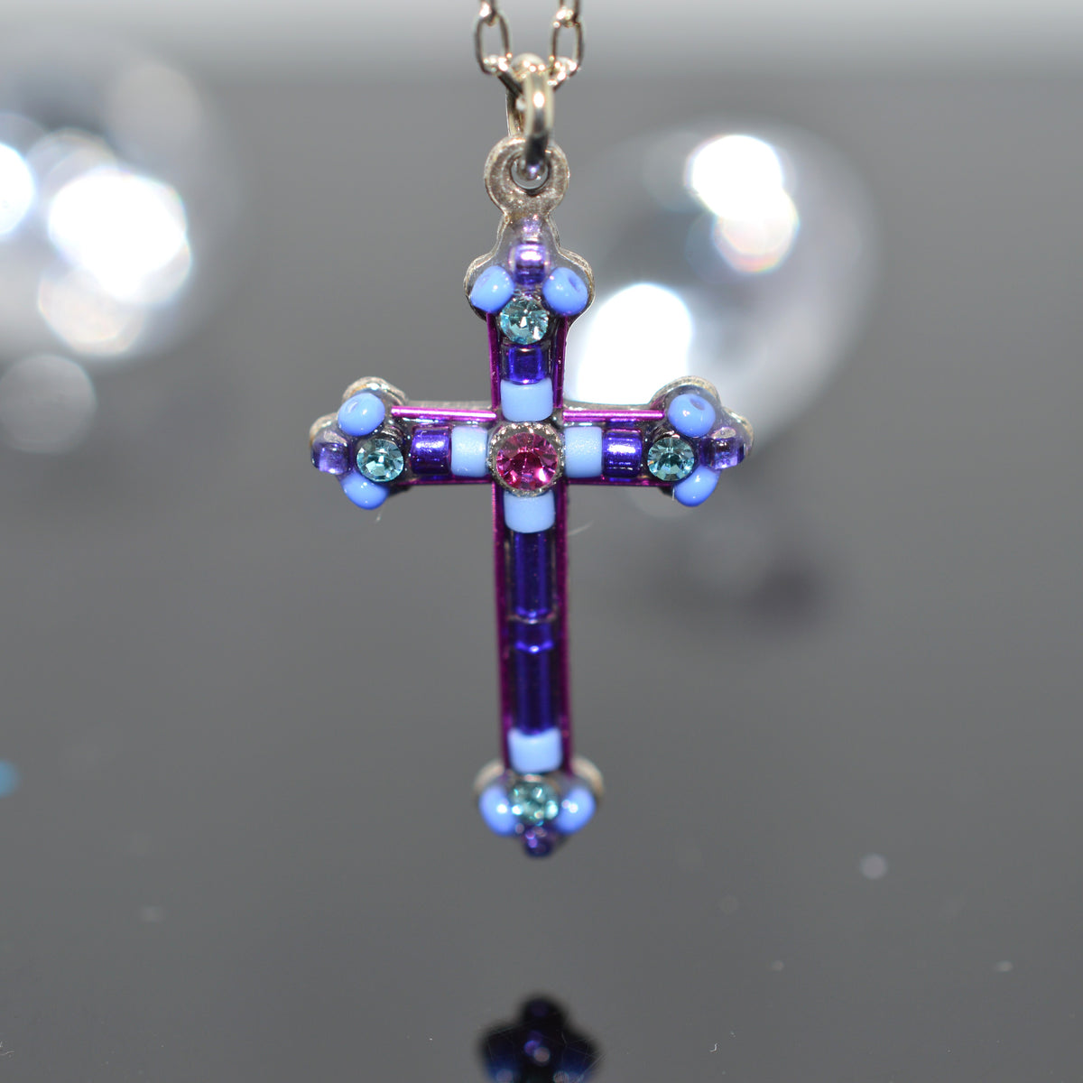 Antique Silver Plated Purple Crystal Cross Pendant by Firefly