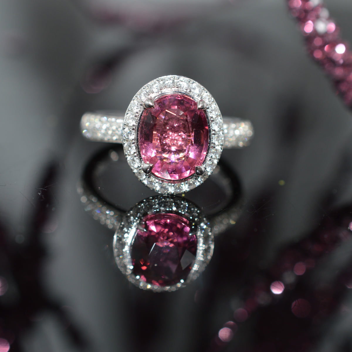 18K White Gold Pink Tourmaline Ring With Diamonds
