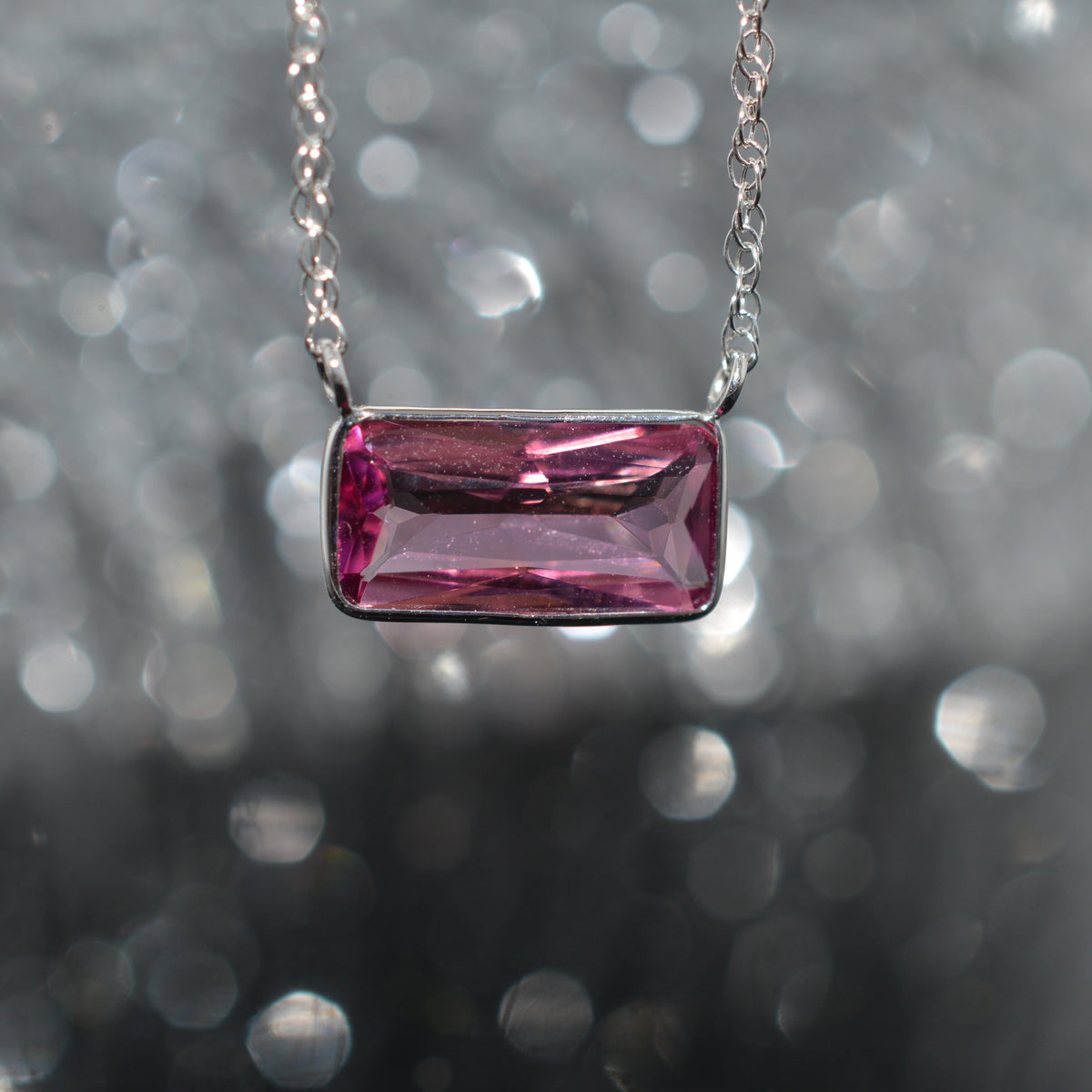 14K White Gold Sideways Set Pink Tourmaline Necklace