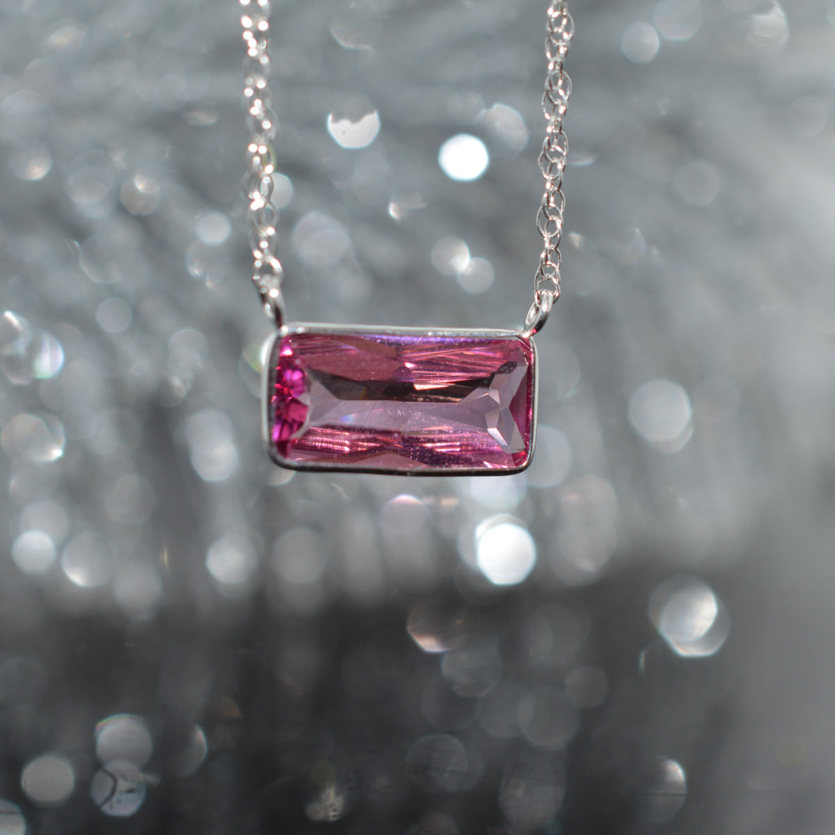 14K White Gold Sideways Set Pink Tourmaline Necklace
