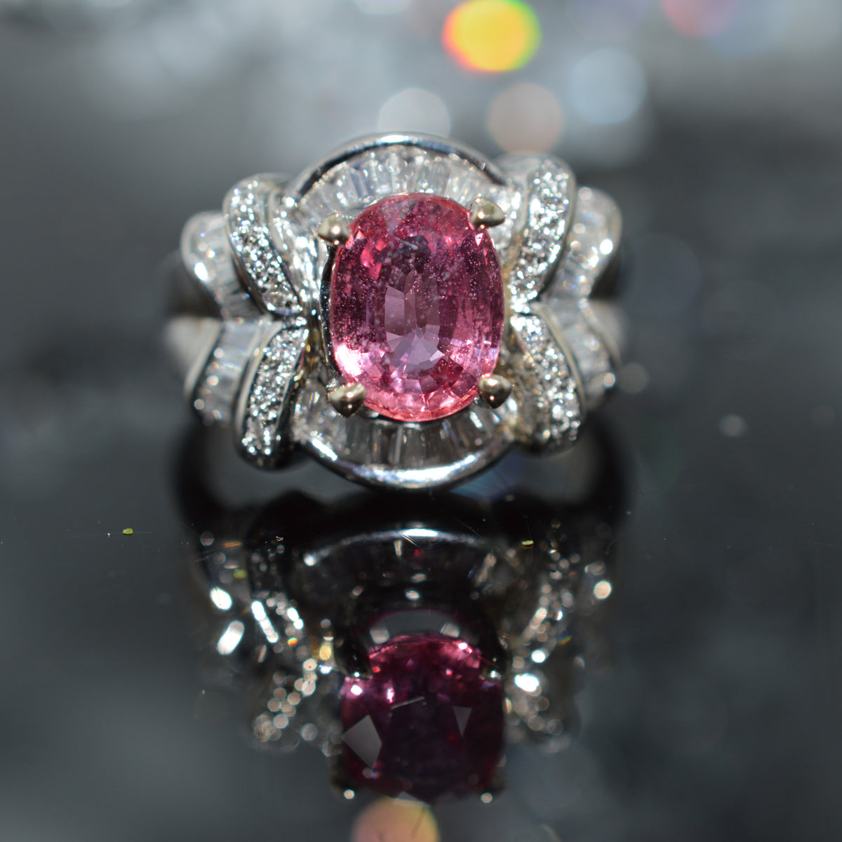 18K White Gold Pink Tourmaline Ring With 1/2 Carat of Diamonds