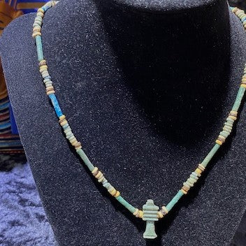 Ancient Egyptian Djed Amulet On Faience Bead Necklace