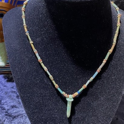 Ancient Egyptian Wadj Amulet On Faience Bead Necklace