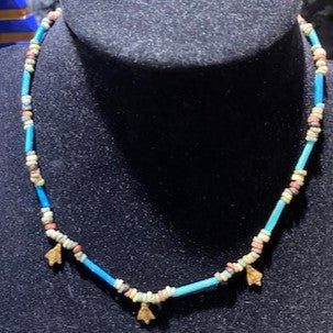 Ancient Egyptian Faience Bead Necklace With Three 22K Gold Bee Amulets