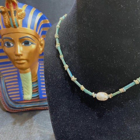 Ancient Egyptian Scarab Amulet On Faience Bead Necklace