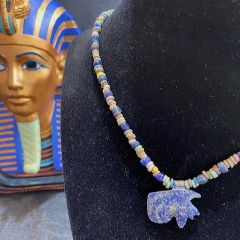 Ancient Egyptian Lapis Eye Of Horus Amulet On Faience Bead Necklace