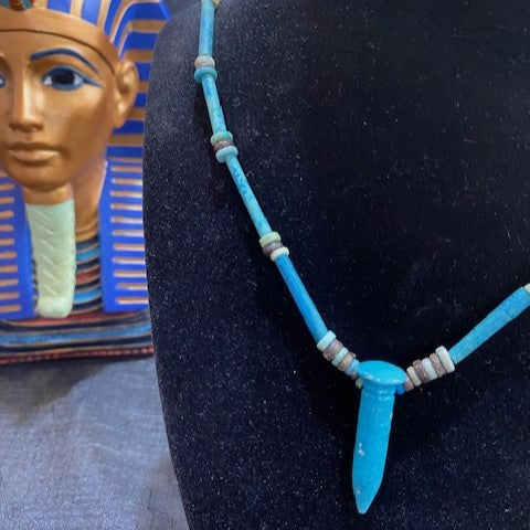 Ancient Egyptian Wadj Sceptre Amulet On Faience Bead Necklace