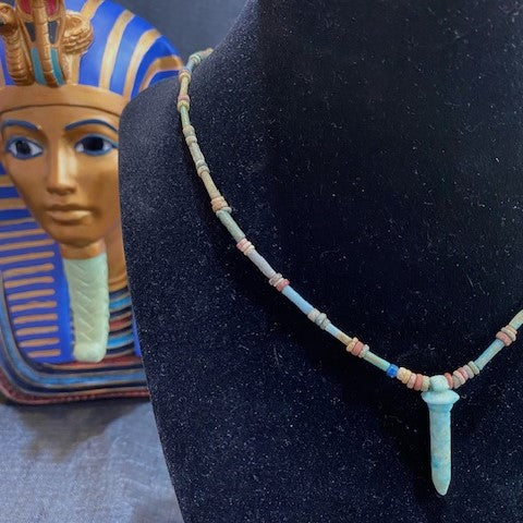 Ancient Egyptian Wadj Amulet On Faience Bead Necklace