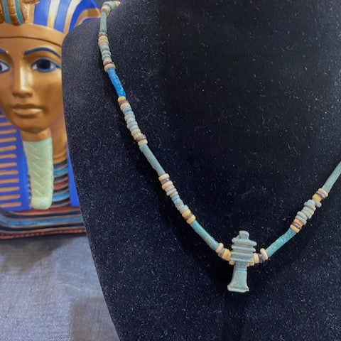 Ancient Egyptian Djed Amulet On Faience Bead Necklace
