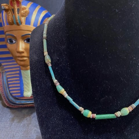 Ancient Egyptian Faience Bead Necklace With Green/Yellow Glass Beads