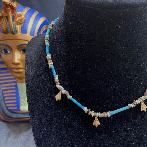 Ancient Egyptian Faience Bead Necklace With Three 22K Gold Bee Amulets