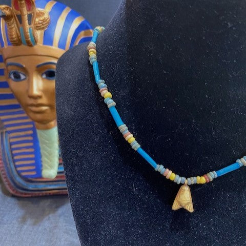 Ancient Egyptian Faience Bead Necklace With 22K Gold Bee Amulet