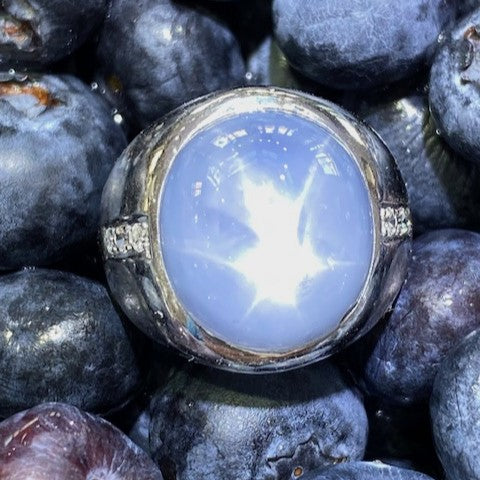 14K White Gold Genuine Star Sapphire and Diamond Ring