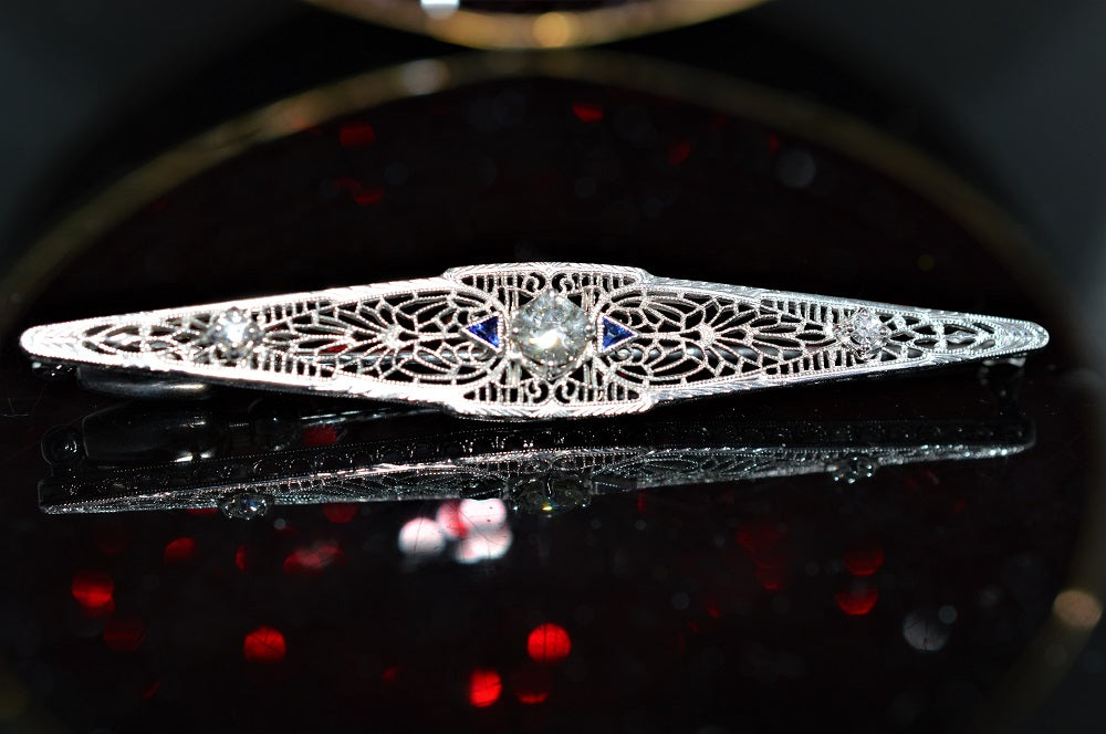 Antique Diamond and Sapphire White Gold Filigree Brooch