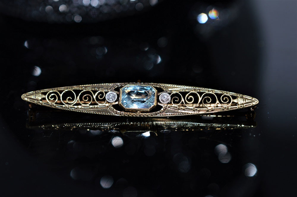 14K Two Tone Vintage Aquamarine and Diamond Brooch