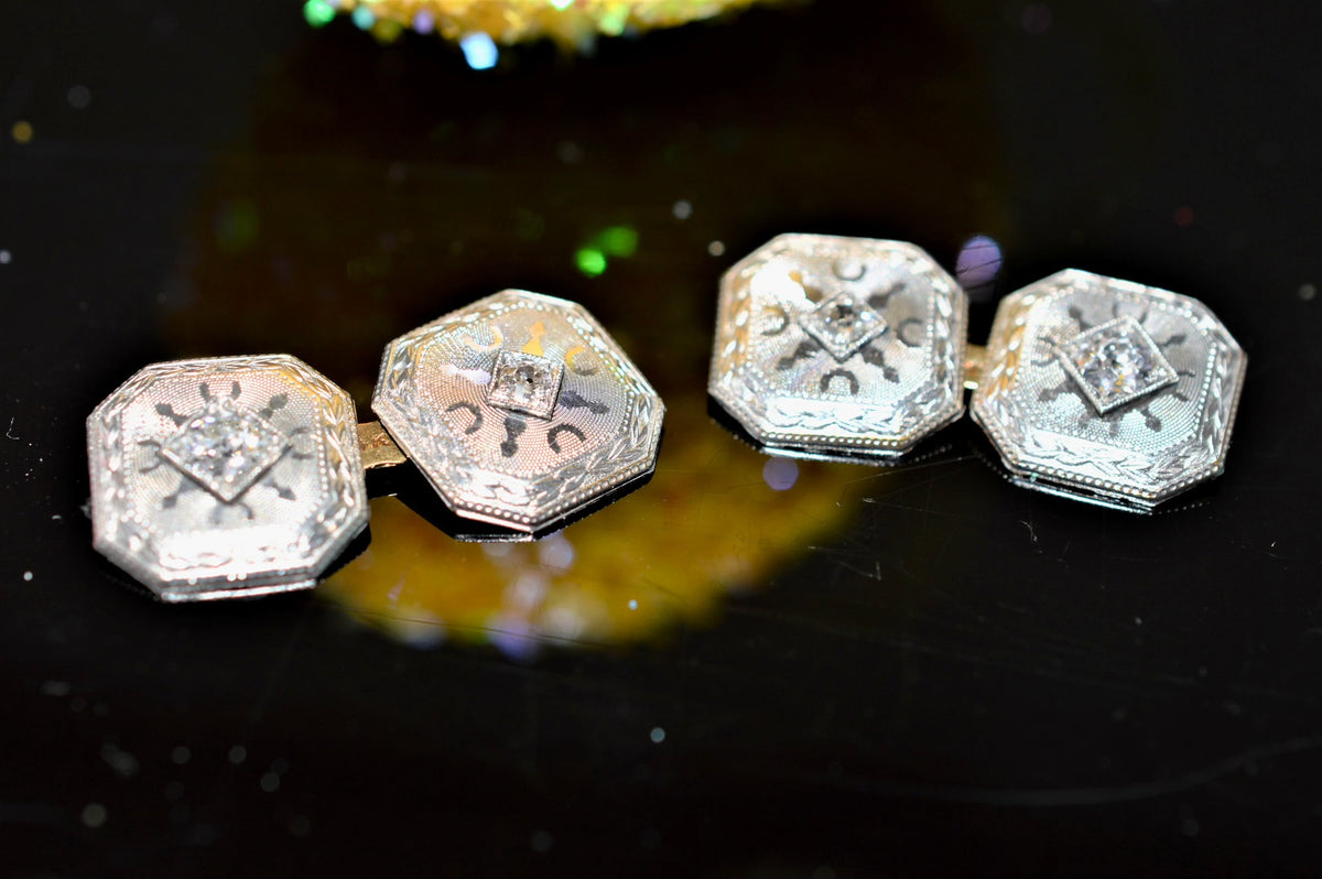 14K White Gold Antique Diamond Cufflinks