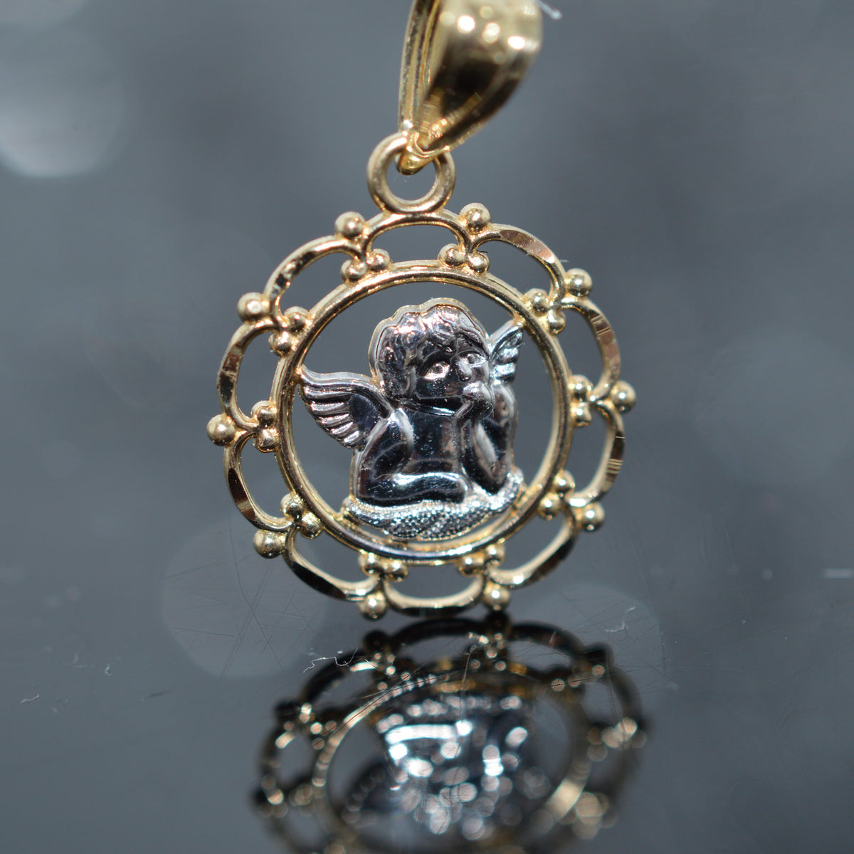 14K Two Tone Gold Round Guardian Angel Charm